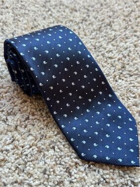Robert Jensen Hand Sewn 100% Silk Tie Navy Blue Herringbone Dot Made in Italy